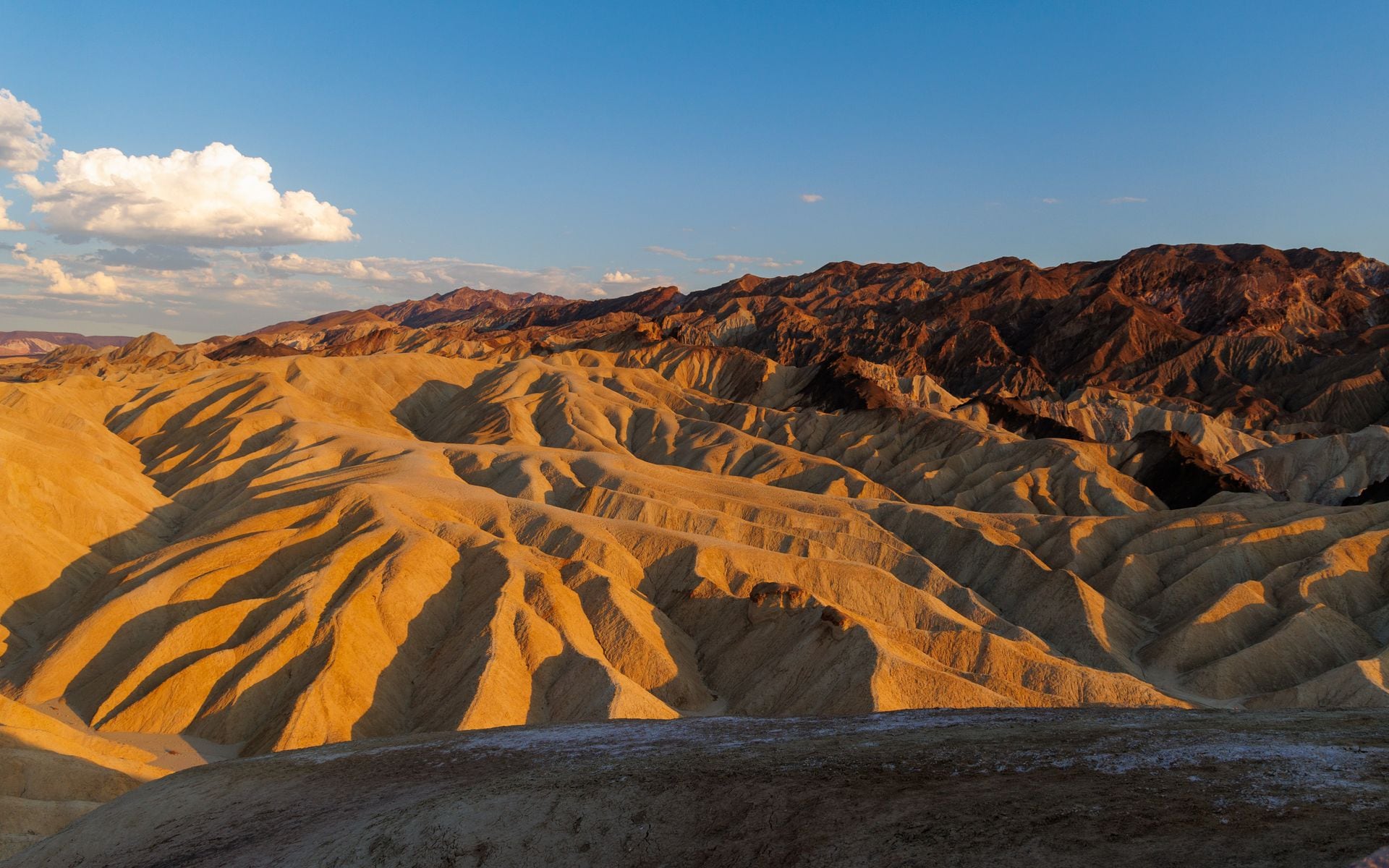 Golden eroded badlands ridges glowing at sunrise from Zabriskie Point in Death Valley National Park